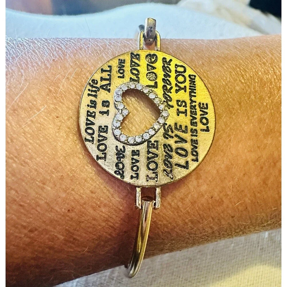 Gold Tone Love Heart Rhinestone Cutout Bangle Bracelet Hook Clasp Inspirational